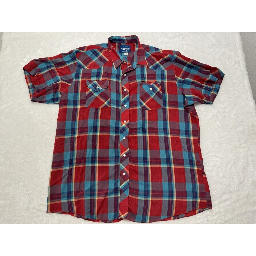 Wrangler Men 2XT Vintage Short Sleeve Pearl Snap Shirt Plaid Checker Multicolor